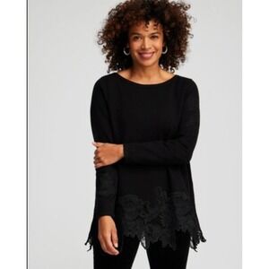 Chicos Womens Cashmere Blend Lightweight Sweater Lace‎ Sharkbite Bottom XL Black